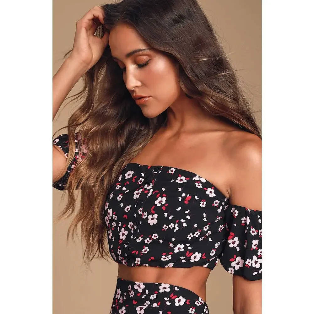 NWT Lulus Floral 2 Piece Set Large Off Shoulder Crop Top Ruffle Culottes - Picture 2 of 15
